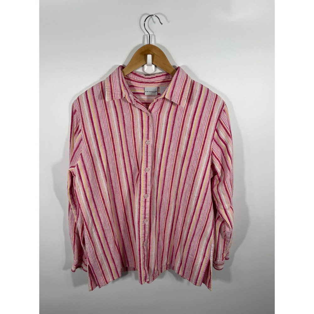 Kim Rogers Womens Linen Cotton Blend Button‎ Up L Pink Stripe Euro Summer Resort